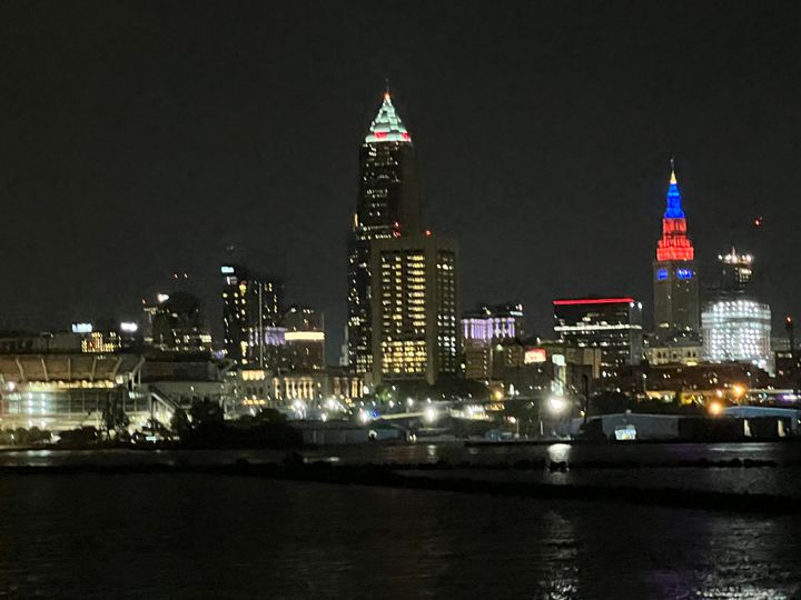 Cleveland Skyline at Night with Lake Erie in Foreground.