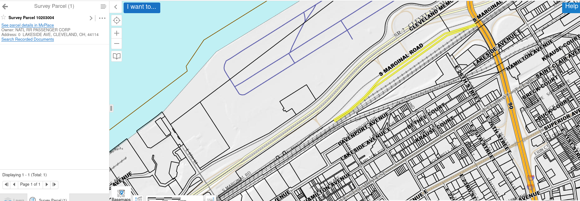 Right of way Parcel highlighted on Map. Cuyahoga County Parcel Viewer.