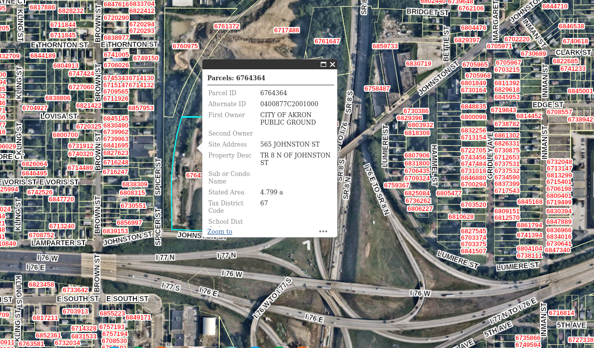 Summit County Auditor Parcel Viewer of Akron owned public space on NW corner of I-76/SR-8