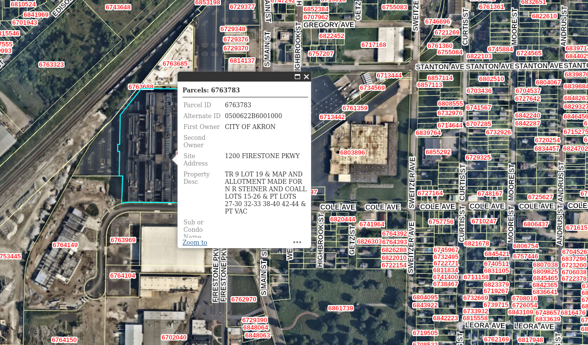 Firestone Historic Headquarters building via Summit County Auditor Parcel Viewer.