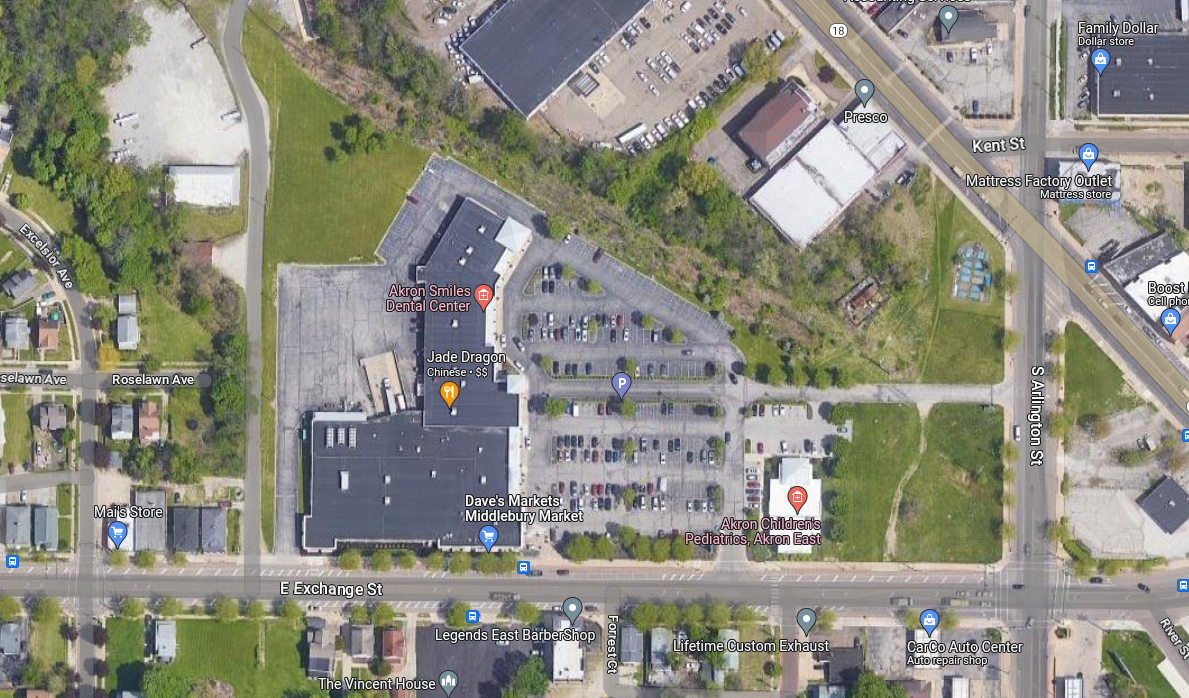 Google Maps image of strip mall in Akron along E Exchange St. 