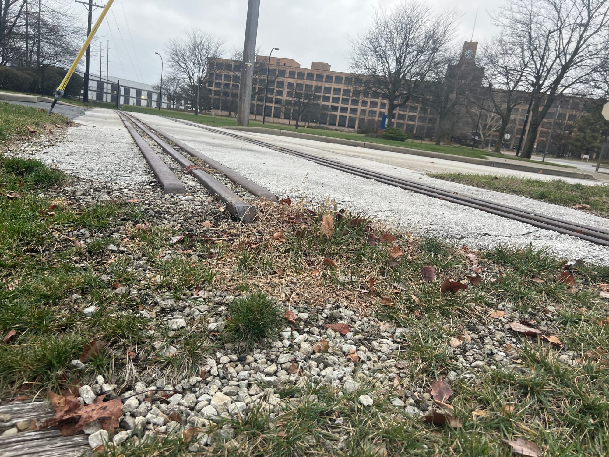 Firestone HQ with abandoned rail from right of way (in foreground)