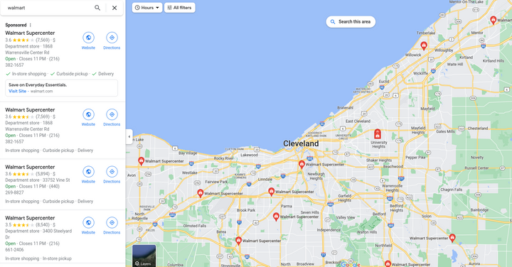 Google Maps image of Cleveland with Walmarts Identified. 