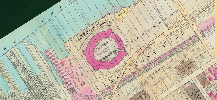 ArcGIS aerial map showing Cleveland Municipal Stadium and Lake Erie Shores. 