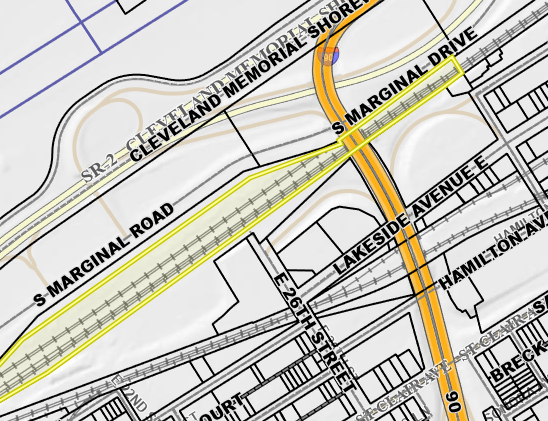 ArcGis Image of a rail right-of-way east of Cleveland just south of S. Marginal Road. 